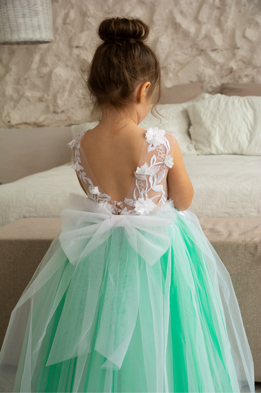 Green Dress with floral lace train
