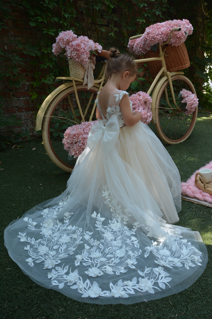 Nude Puffy Dress with floral lace