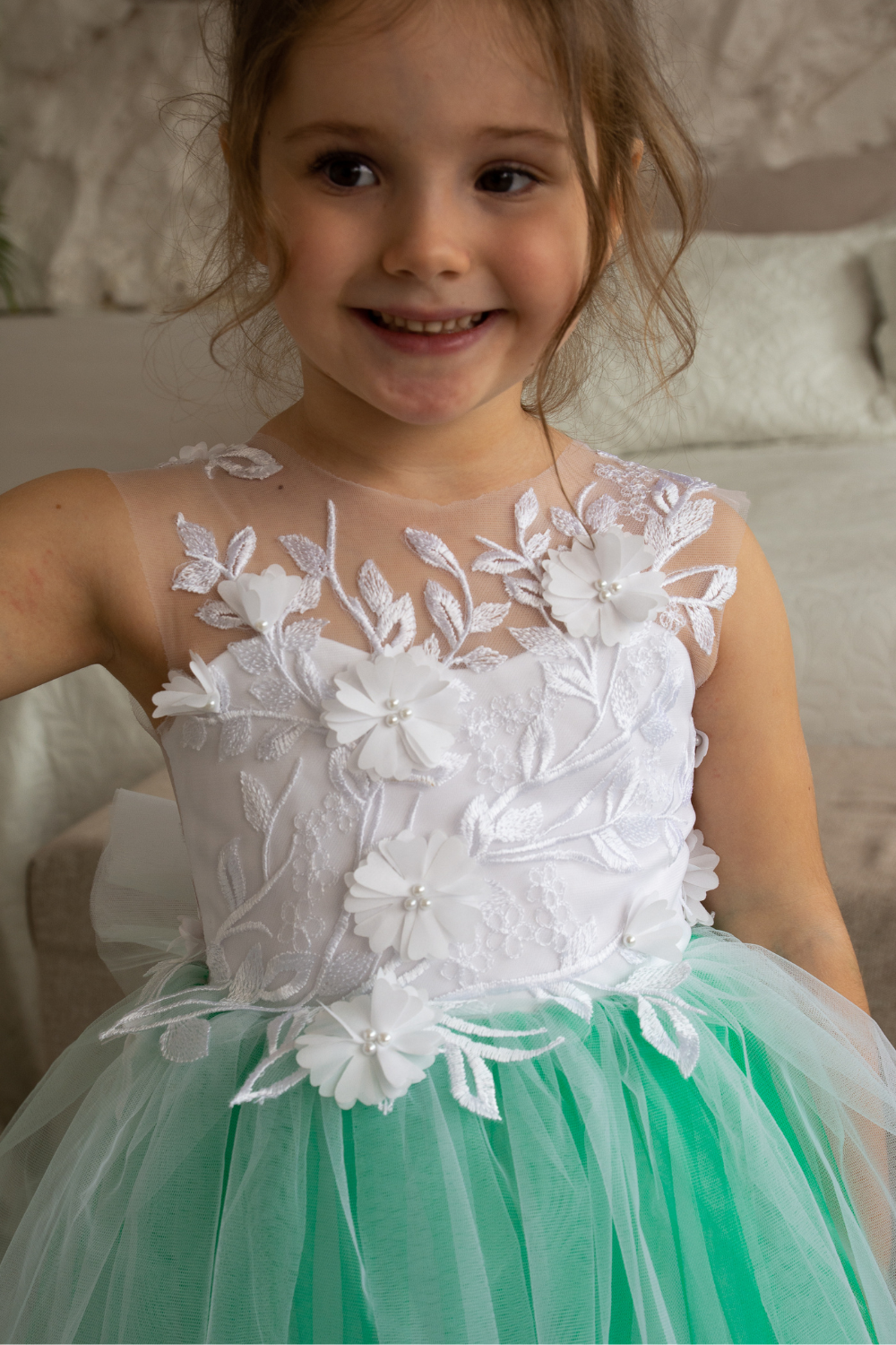 Green Dress with floral lace train