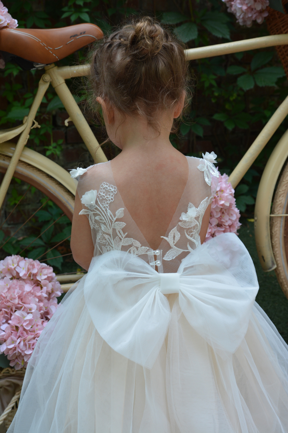 Nude Puffy Dress with floral lace