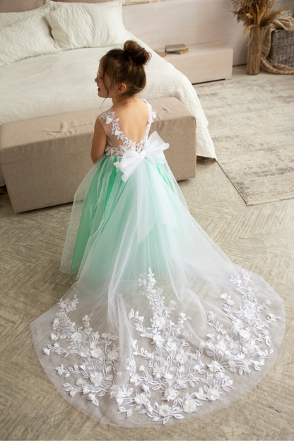 Green Dress with floral lace train