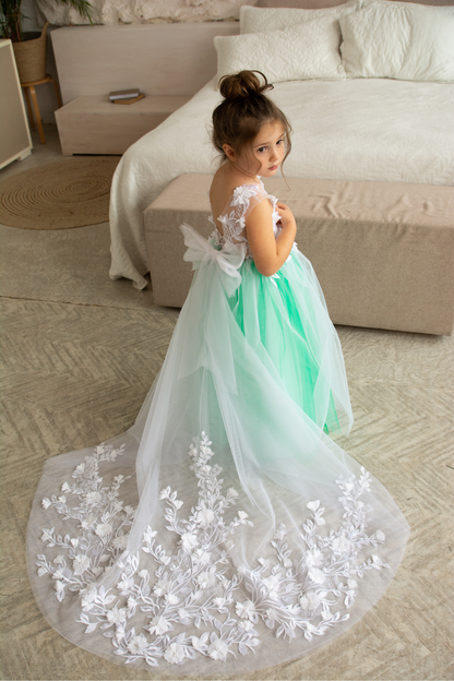 Green Dress with floral lace train