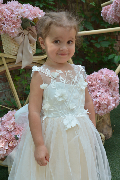 Nude Puffy Dress with floral lace