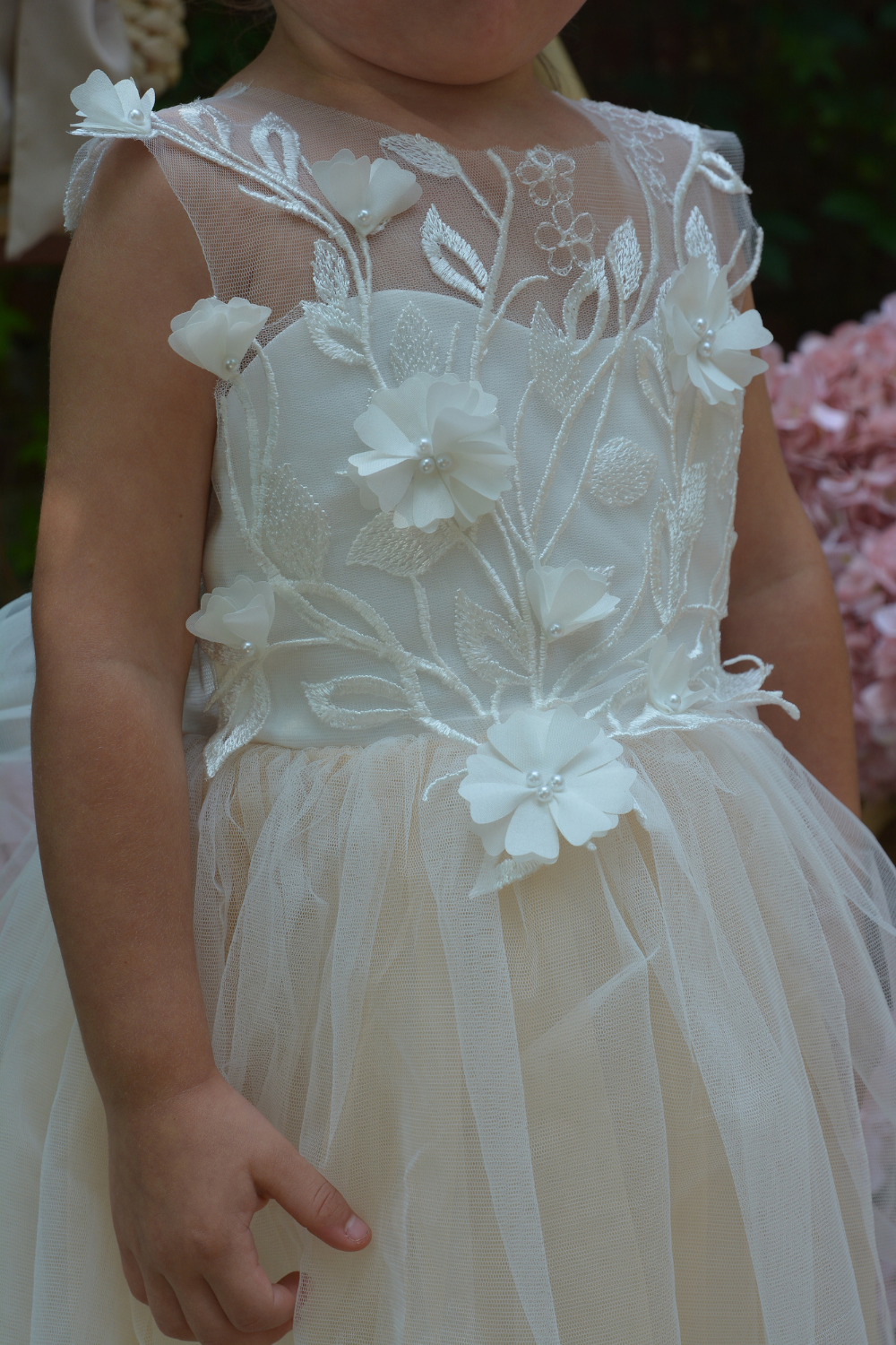 Nude Puffy Dress with floral lace