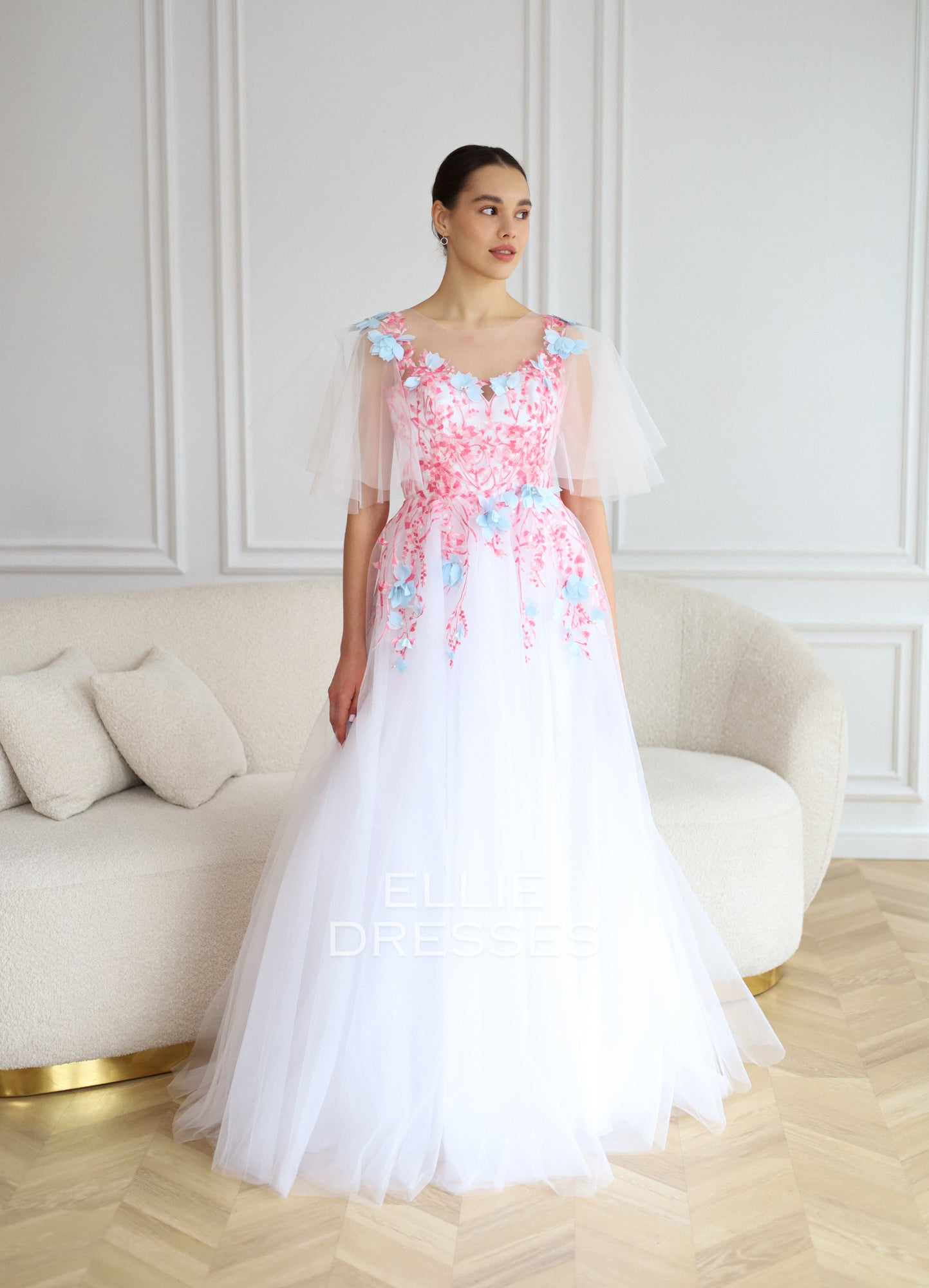 Colored Bride Dress with pink lace