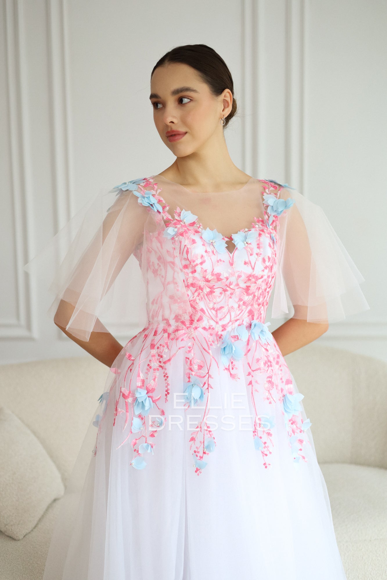 Colored Bride Dress with pink lace