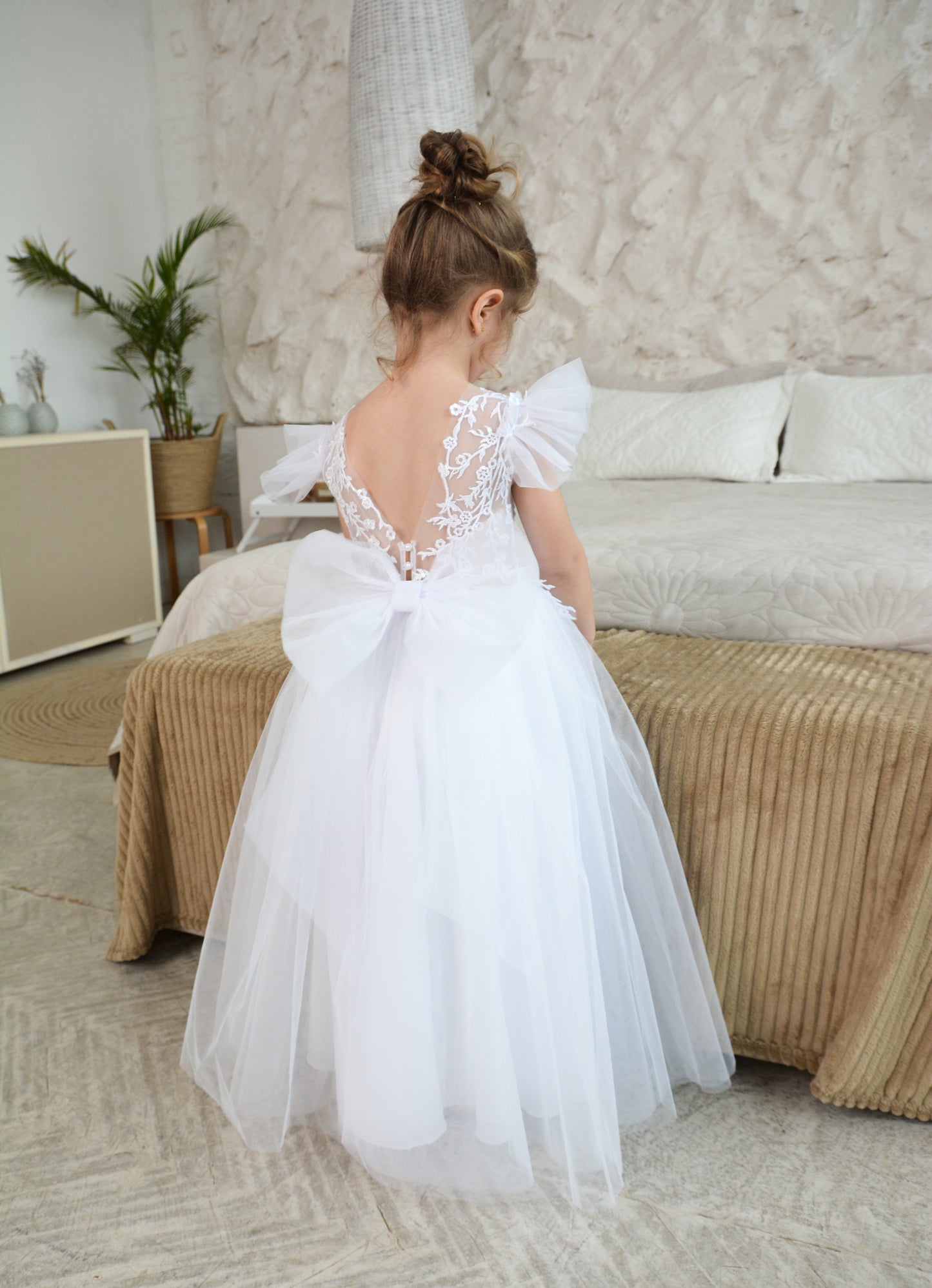 White Flower Girl Dress Train