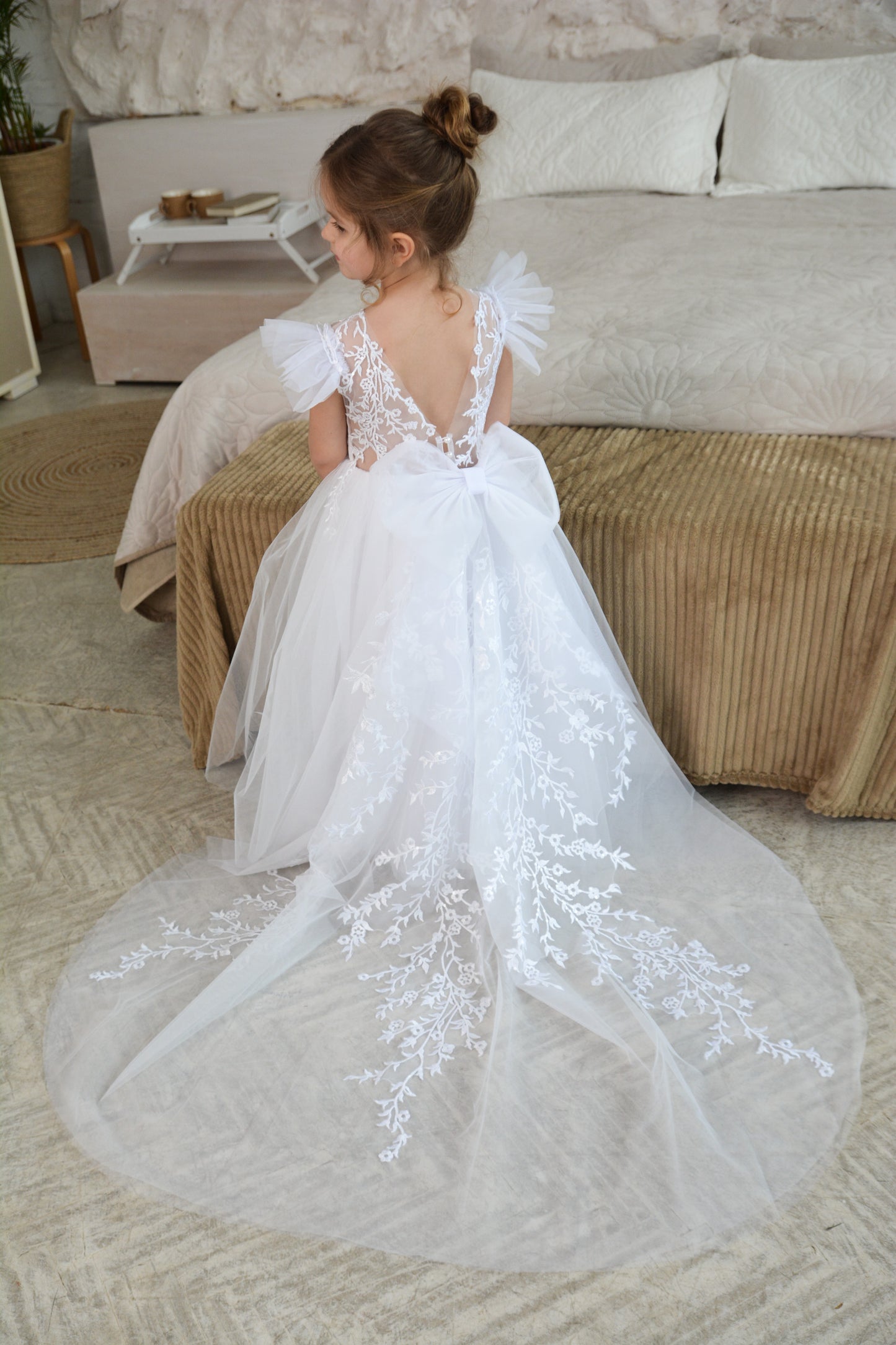 White Flower Girl Dress Train